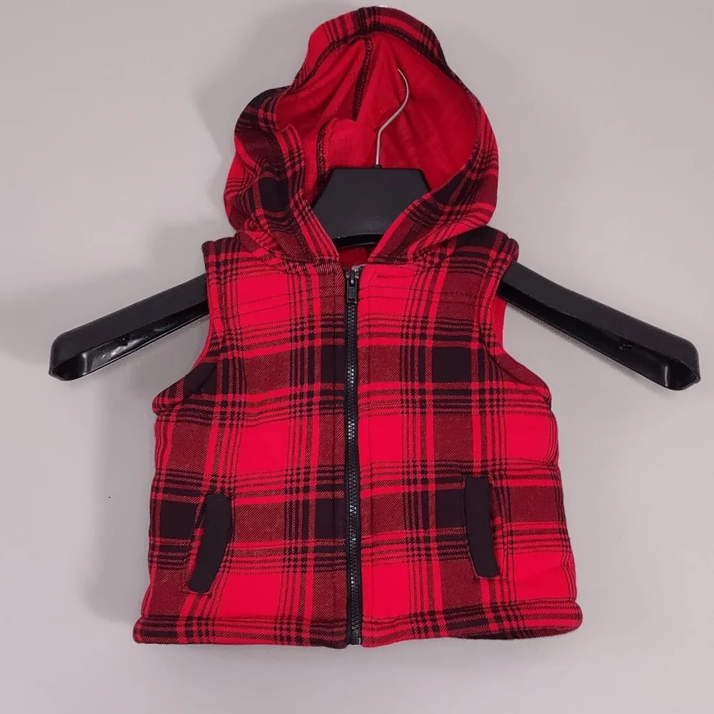 New Wonderkids 12M Red/Black Plaid Knit/Fleece Hooded Vest Jacket